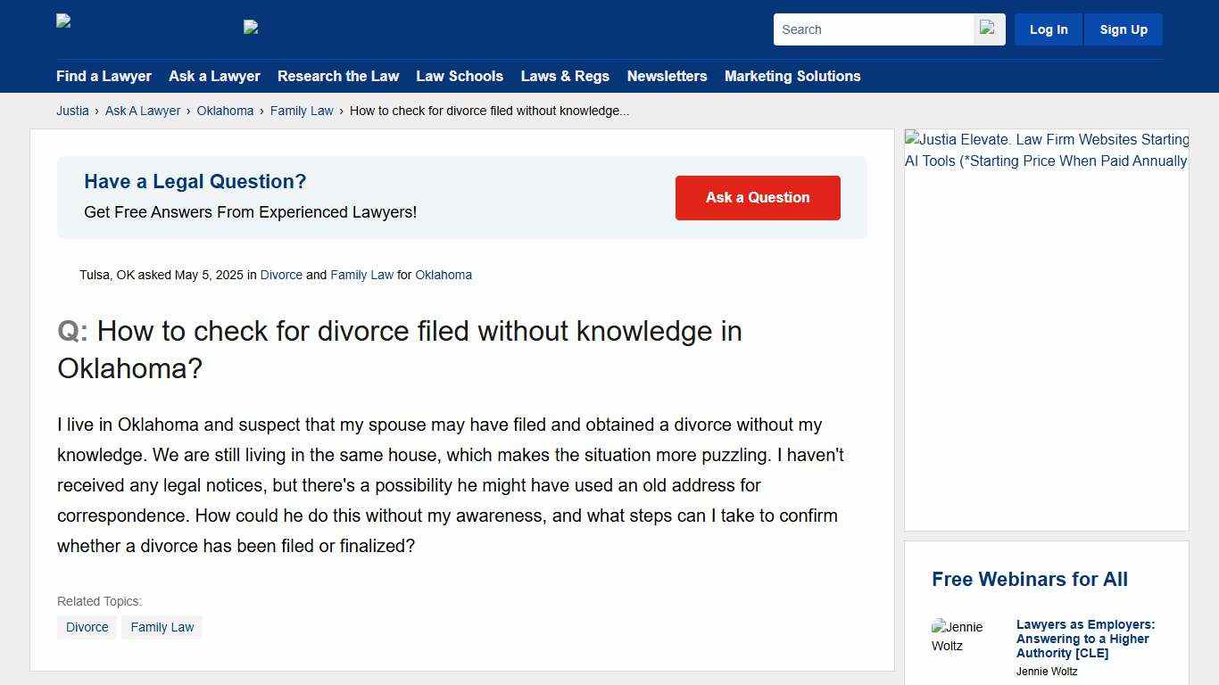 How to check for divorce filed without knowledge in Oklahoma? - Oklahoma Family Law Questions & Answers - Justia Ask A Lawyer